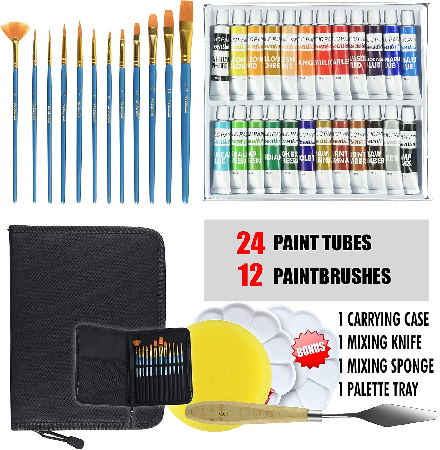 Upgraded Acrylic Paint Set - High-End Arts & Crafts Painting Supplies for Kids & Adults - 24 Stunning Pigments, 10 Professional Brushes & Carrying Case + Extra Bonus: Palette Tray, Knife with Sponge.