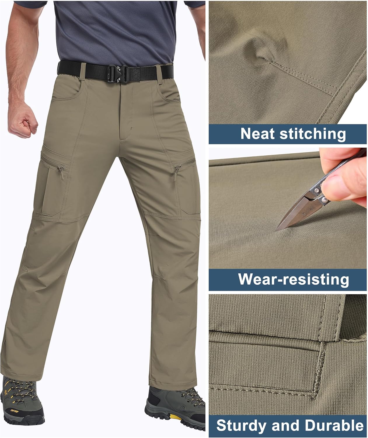 Mens Hiking Pants Waterproof Cargo Work Pants Lightweight Nylon Quick Dry Outdoor Travel Pants 6 Pockets