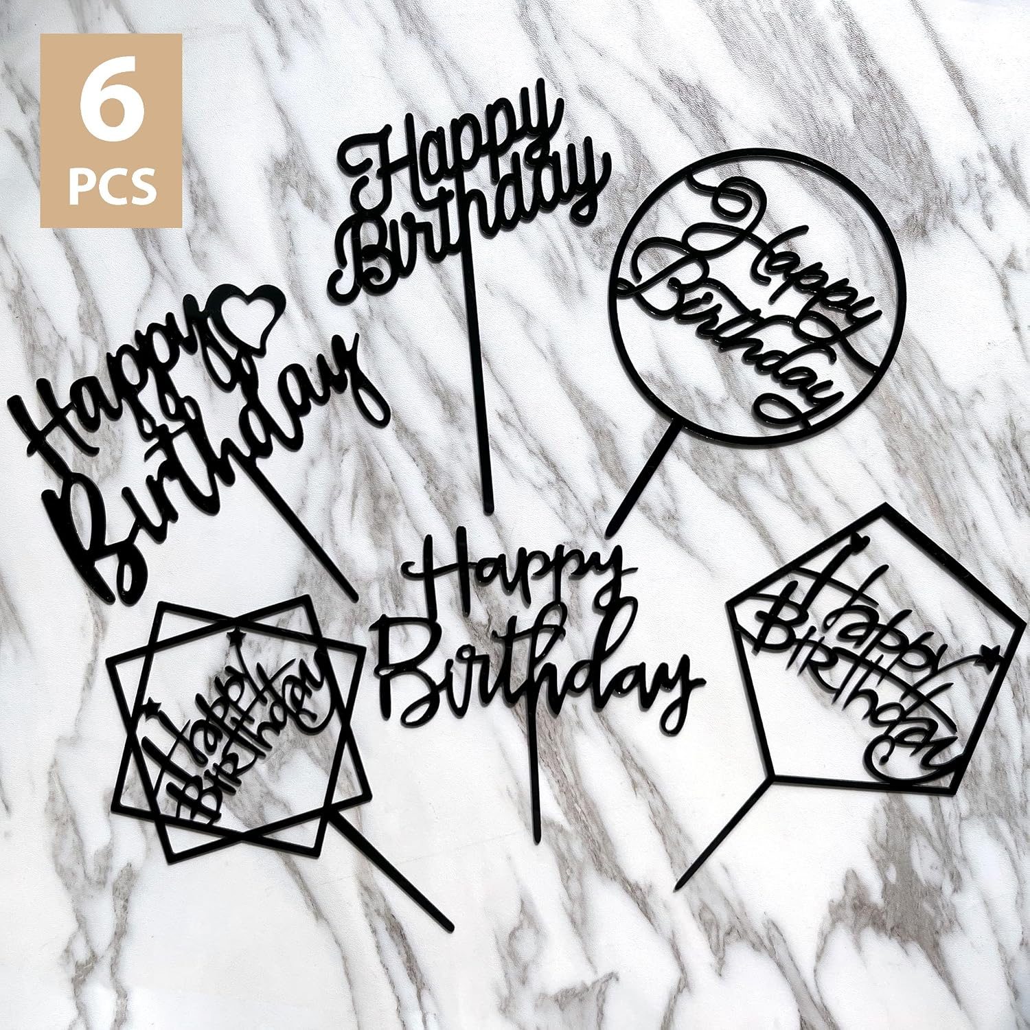 6-Pack Black Birthday Cake Topper Set, Double-Sided Shiny Black, Acrylic Happy Birthday Sign Cake Toppers/Cupcake Toppers, Party Decorations Supplies for Cool Guy. image 2