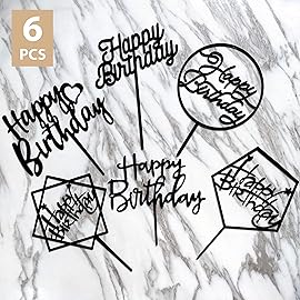 6-Pack Black Birthday Cake Topper Set, Double-Sided Shiny Black, Acrylic Happy Birthday Sign Cake Toppers/Cupcake Toppers, Party Decorations Supplies for Cool Guy.