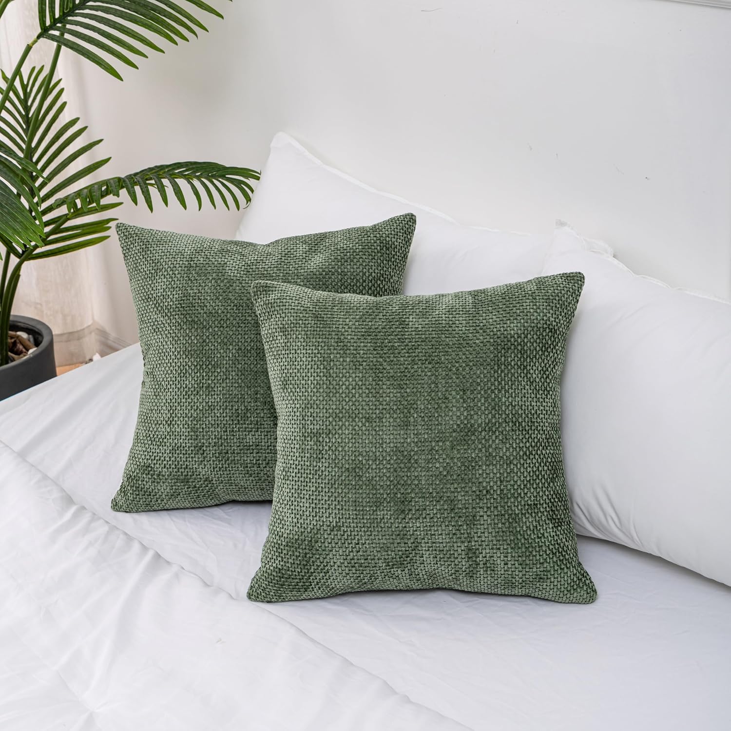 Christmas Pack of 2, Decorative Chenille Throw Pillow Covers Soft Accent Cushion Case Farmhouse Neutral Pillowcase for Couch Sofa Bedroom Living Room Textured Home Decor 18 x 18 Inch (Green)
