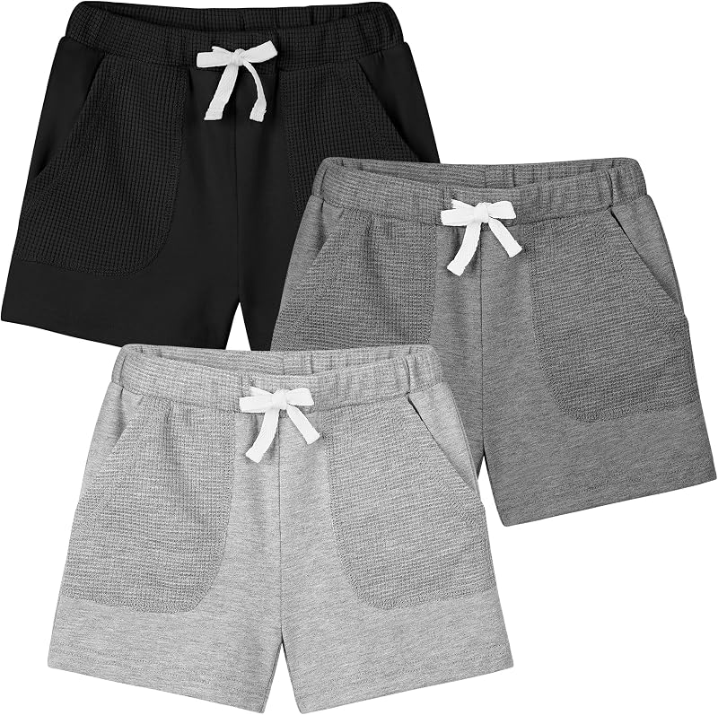 Cooraby 3 Pack Baby Boys Cotton Shorts Waffle Knit Pockets Elastic Waist Toddler Boys Soft Pull-on Shorts Summer Clothes