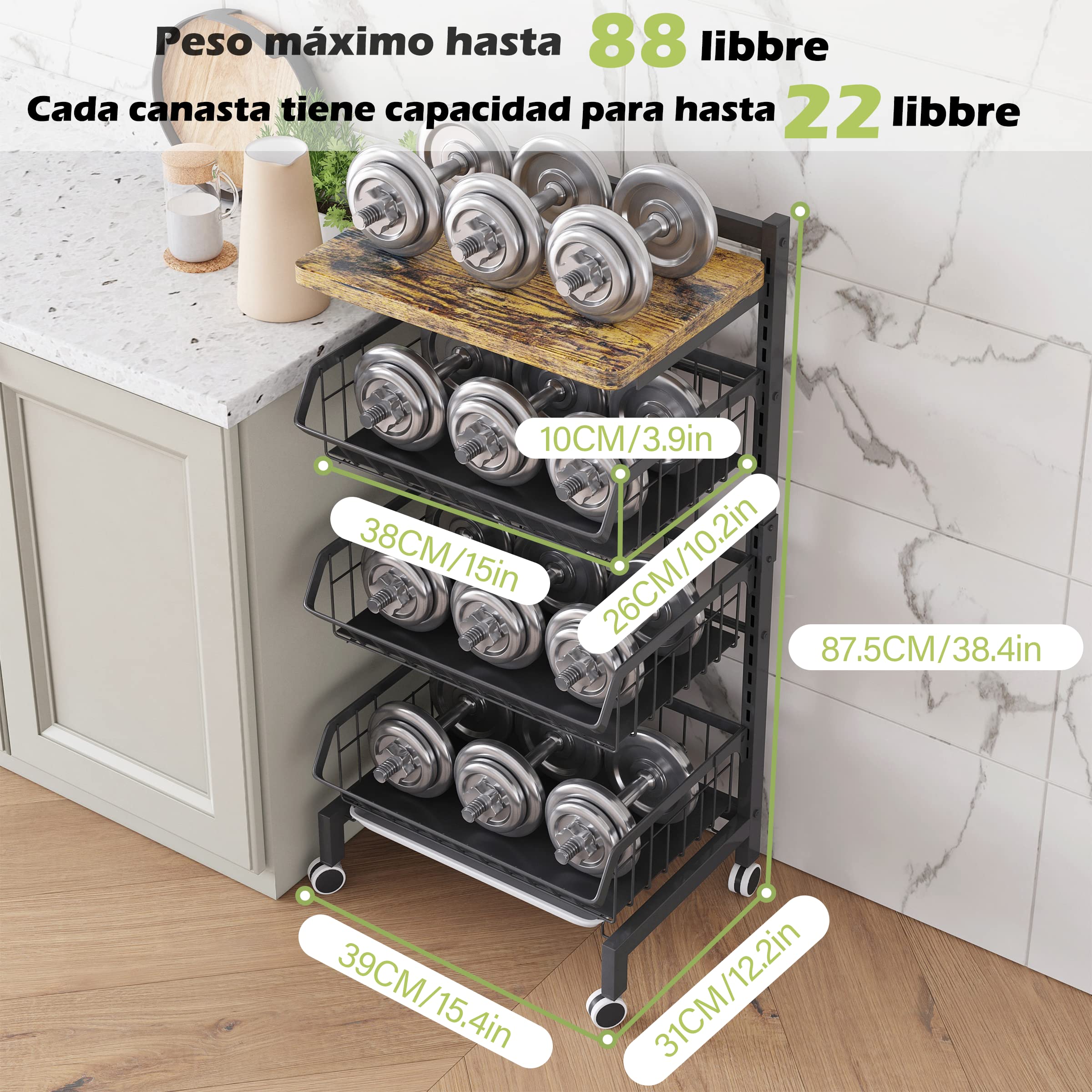 COVAODQ Carrito Cocina,Carro de 4 Niveles con de Cesta Ruedas bloqueables,para el hogar,Restaurante(Tabla de Madera)