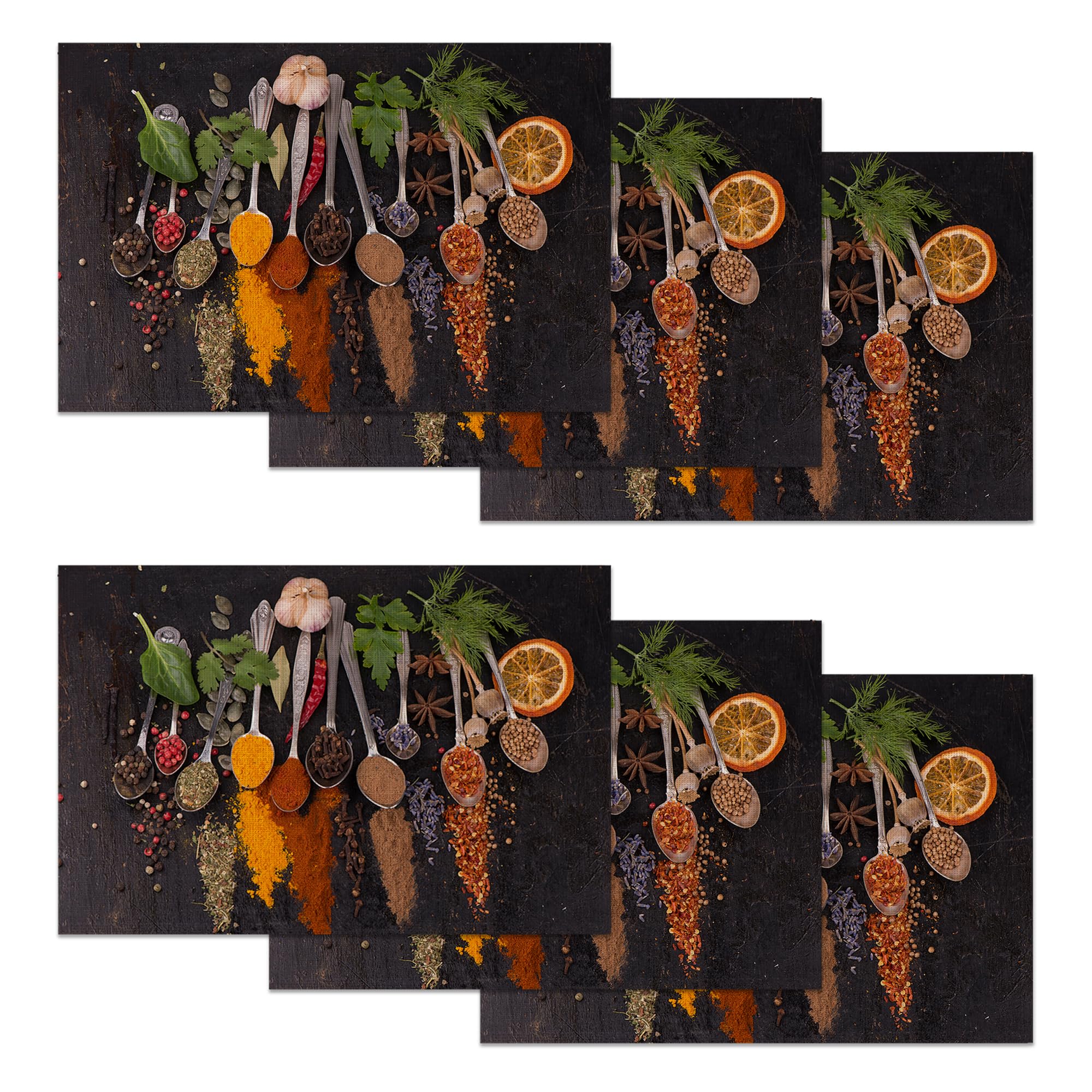 Cooking Spices Set of 6 Washable Linen Placemats,Condiments Heat Resistant Non-Slip Table Mats for Kitchen Dining Table,Home or Party Decor 12"x18"