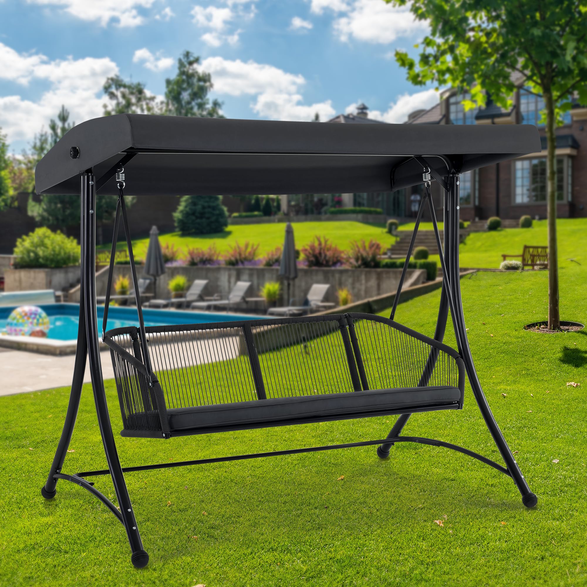 M MCombo Hollywoodschaukel 3-Sitzer, Gartenschaukel mit Verstellbarem Sonnendach, Schaukelbank Outdoor, Gartenliege Wetterfest, Sitzbezug Abwaschbar 8026DEY (Dunkgelgrau)