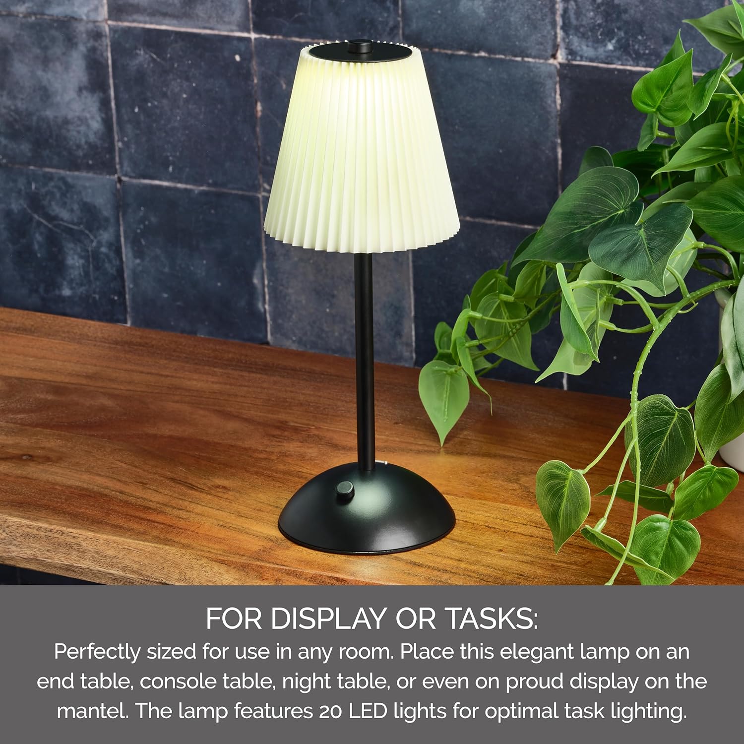 Elements 11.6-Inch Black Rechargeable LED Table Lamp - Touch Control with 3 Light Colors, Stepless Dimming, Metal Construction, 1200mAh Battery, USB-C Charging, Perfect for Home Office and Living Room