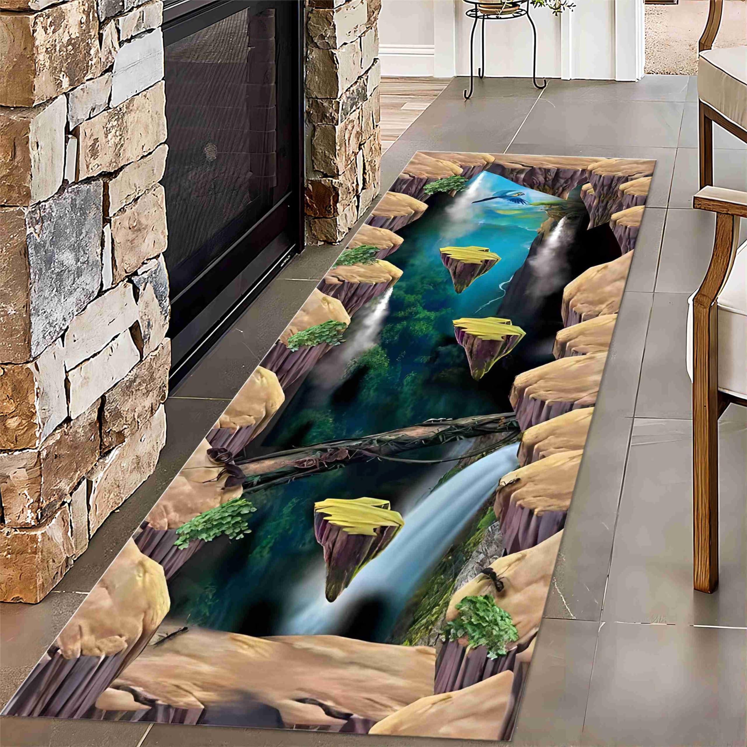 Houient 3D Illusion Runner Rug, 1.3x7ft, Contemporary Natural Landscape Cliff Waterfall Rock Green Plants Pattern Design Carpets, Long Hallway Big