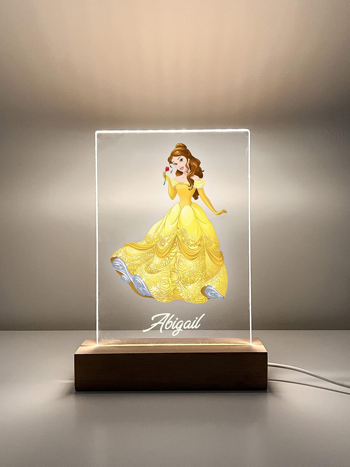 Belle Premium Wood Base Stand Soft Night Light Up Table Desk Lamp LED Princess Sign Personalized Free Engraved With Your Name On It, Made to Order Home Girls Room Decor, A Must Have!