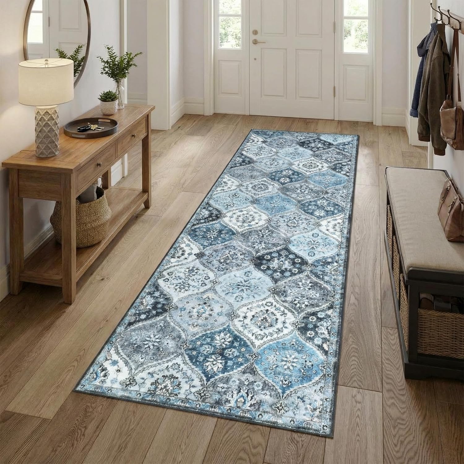Garvee Trellis Runner Rug 2x6 Washable Runner Rug Retro Floral Soft Hallway Runners Non Slip Non-Shedding Accent Rugs Low Pile Foldable Thin Carpet for Entryway Bedside Kitchen Laundry Nursery Blue