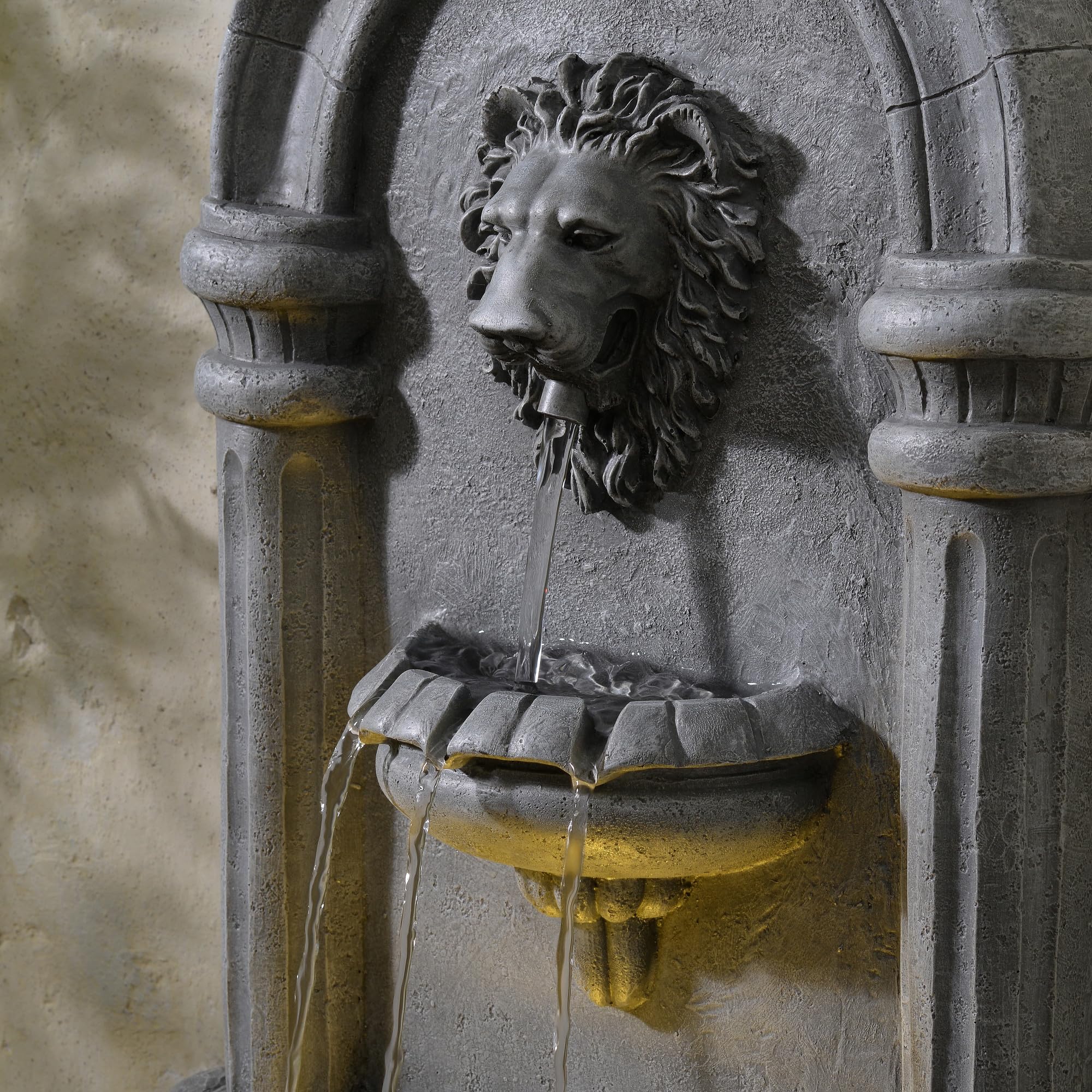 Teamson Home Fontaine Murale tête de Lion 81 cm Effet Pierre, éclairage LED intégré et Design Classique, Pierre Naturelle