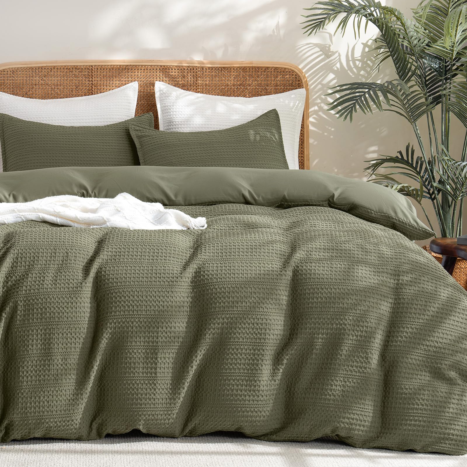 phf soft waffle duvet cover king size- luxury textured no snagging waffle weave comforter duvet cover(104"x90") with 2 pillow shams, 3 pieces breathable bedding set for all season, olive green