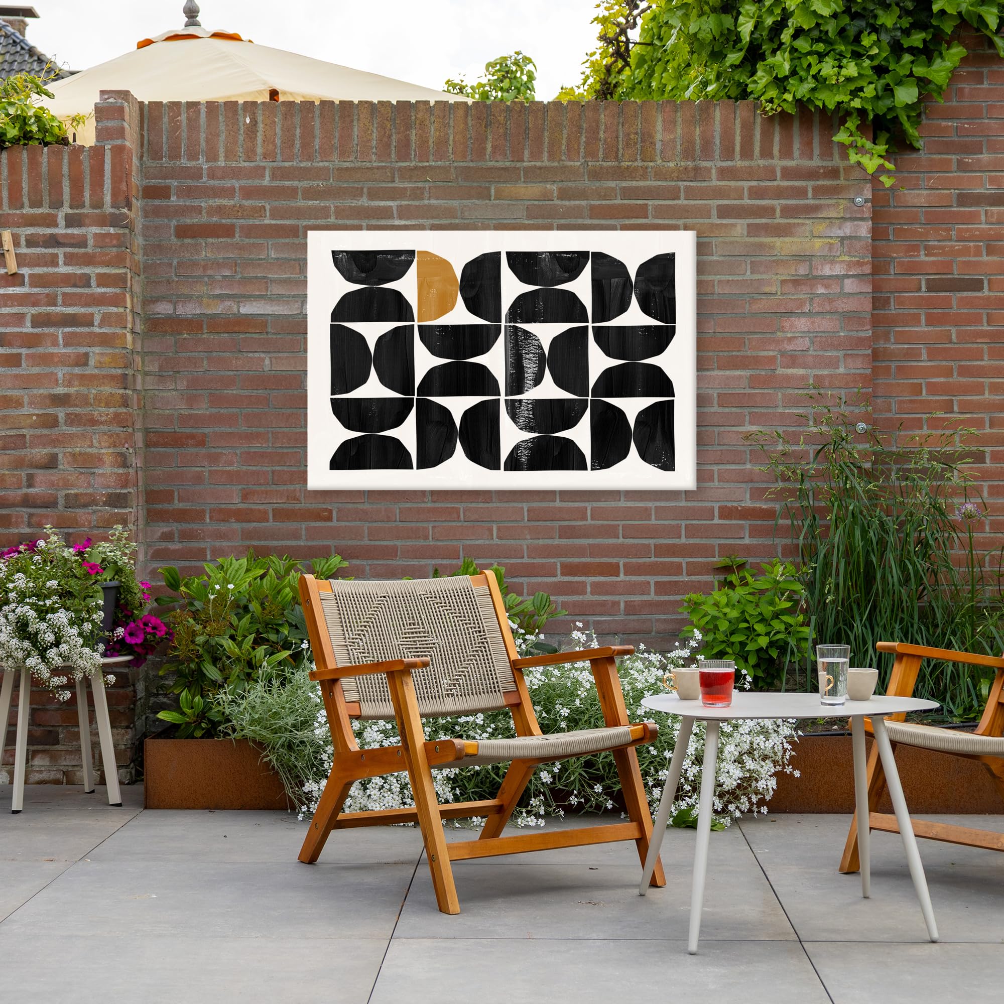 Gartenposter 120x80 cm Outdoor Wandbild Garten Deko Leinwand Gartendeko Terrasse Balkon Wetterfest Bild Außenbereich Wall Decor Draußen Abstrakte Kunst - Schwarz - Modern - Beige