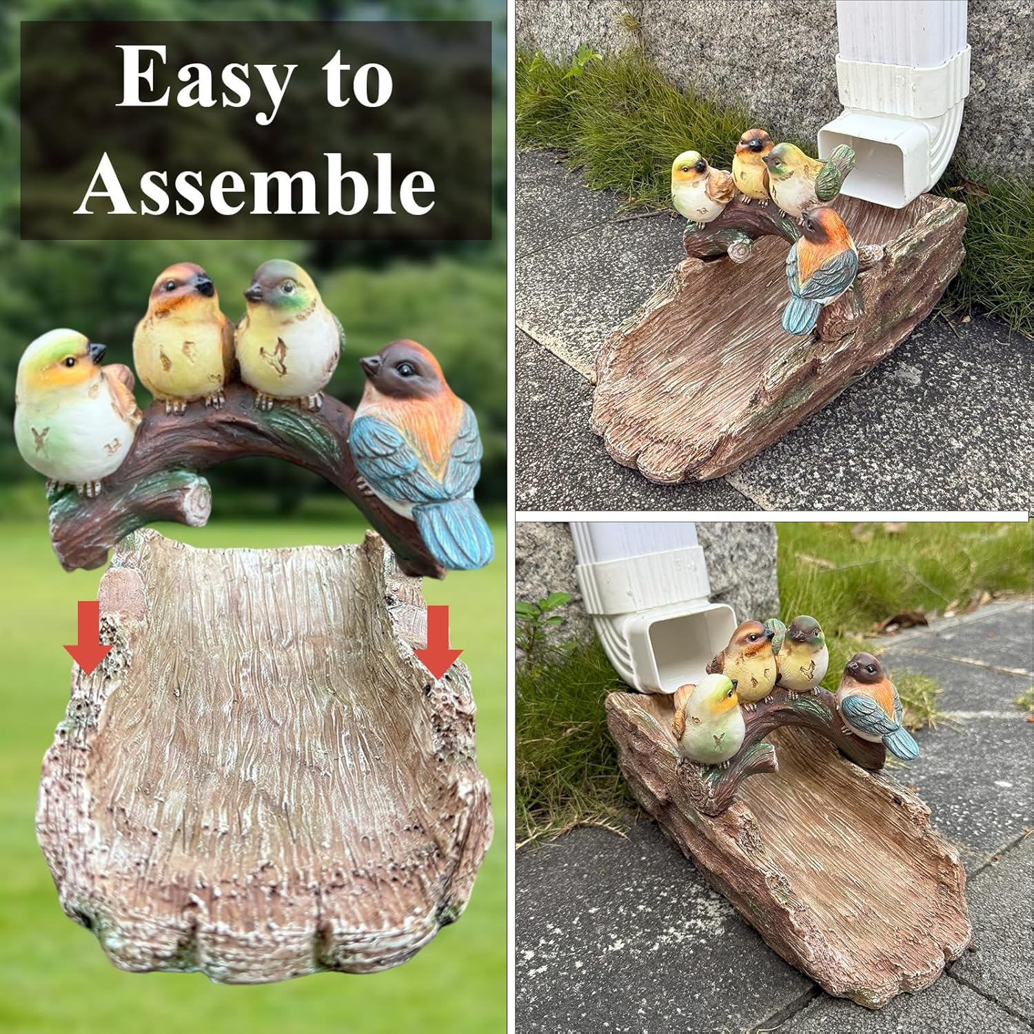 Gutter Downspout Extension Decoration Splash Block Outdoor Statues Garden Decor, 11.4" L x 6.9" W Four Birds Gutter Downspout Garden Robin Bird Sculpture Rain Concrete Pond Accessory, Gift for Mom