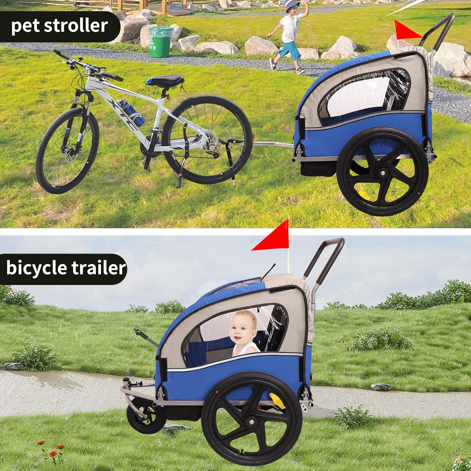 2-in-1 2 Seat Bicycle Trailer & Jogger Stroller for Kids and Pets, Foldable with Pivot Front Wheel, All-Terrain Tires, Safety Harness