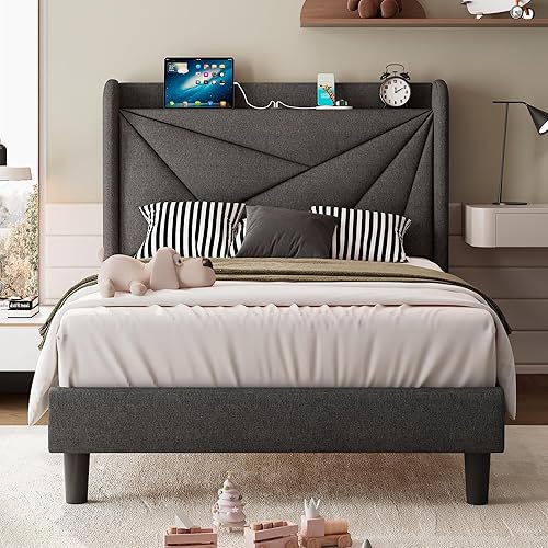 Miniatura 10 de iPormis Marco de cama tamaño completo con estación de carga, marco de cama de plataforma de lino con cabecera tapizada con respaldo alado, soporte