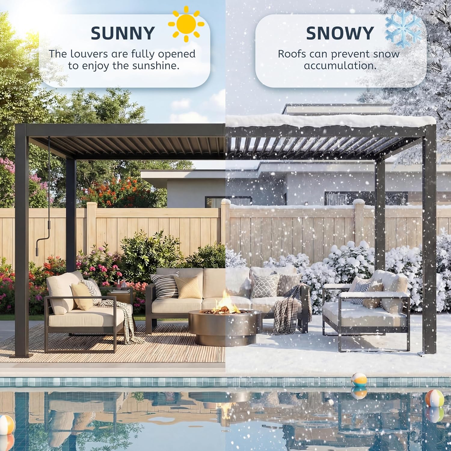 10' x 13' Louvered Pergola, Metal Patio Pergola with Adjustable Louvers Roof, Waterproof & Rustproof Metal Gazebo for Patio, Deck, Garden, Yard, Black (10x13FT with Light)