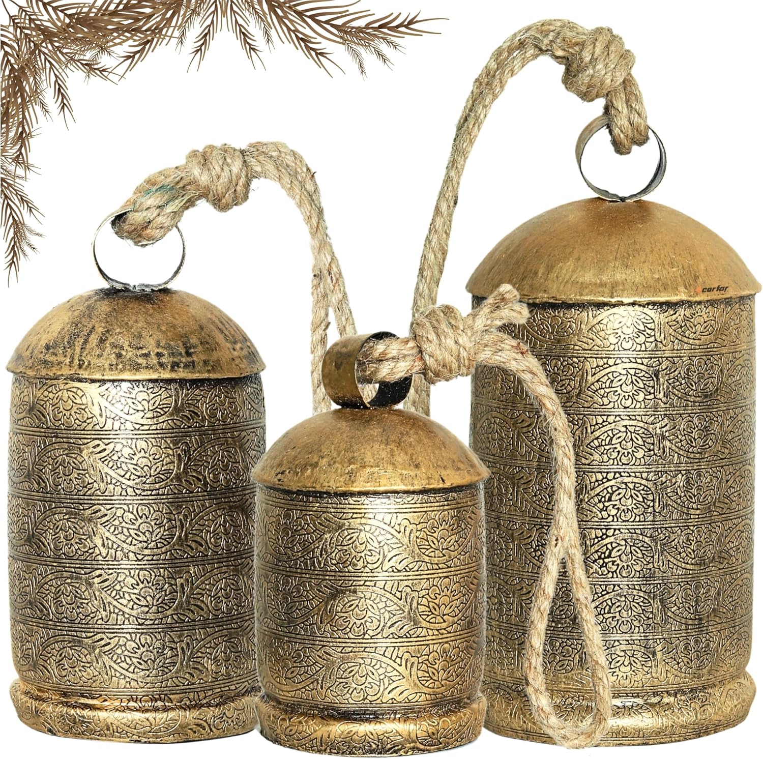 Shabby Chic Set of 3 Flora Etching Style Harmony Bells Handmade Metal Christmas Hanging Cow Bells 10",8",6", Large