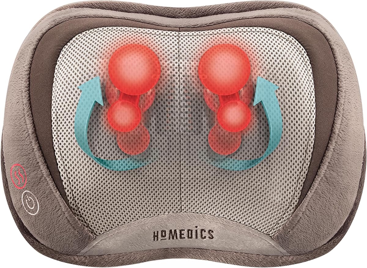 HoMedics Back and Neck Massager, Portable Shiatsu All Body Massage Pillow with Heat, Targets Upper and Lower Back, Neck and Shoulders. Lightweight for Travel