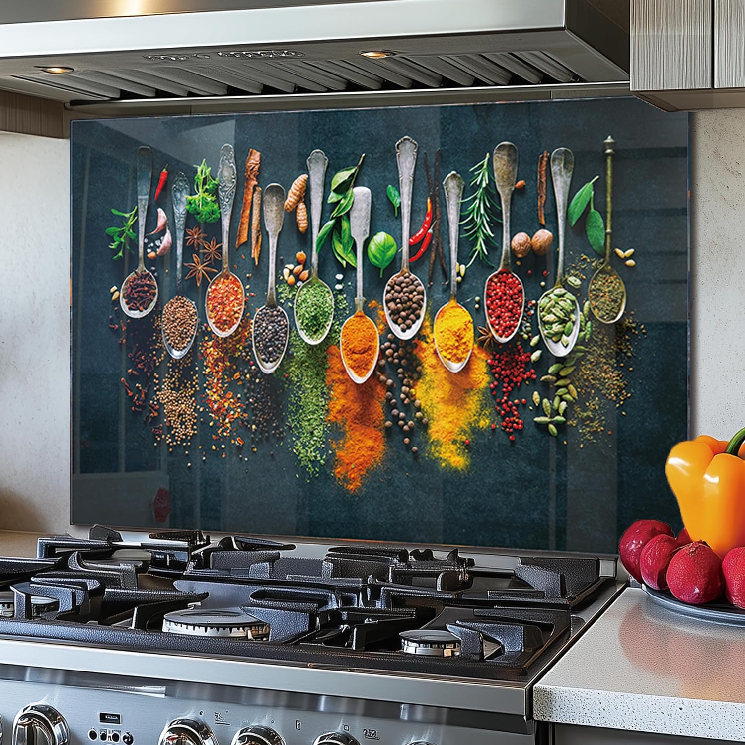 DAIFURONGE Tempered Glass Backsplash for Kitchen,Spice Design,30"x20"