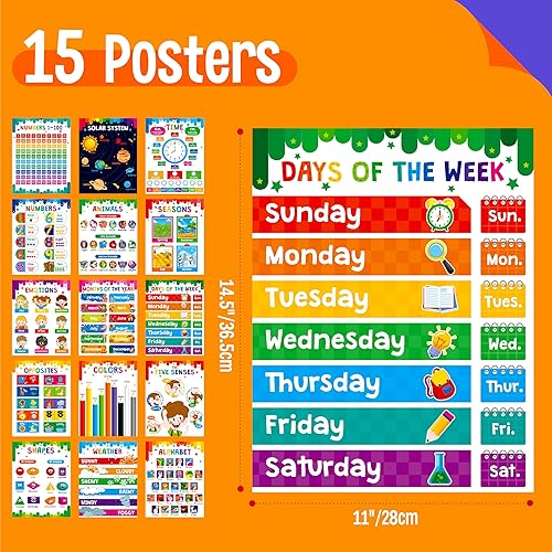 Miniatura 2 de Paquete de 15 carteles educativos, pósteres gruesos de aprendizaje temprano, impermeables y a prueba de desgarros, con película de PET, alfabeto,