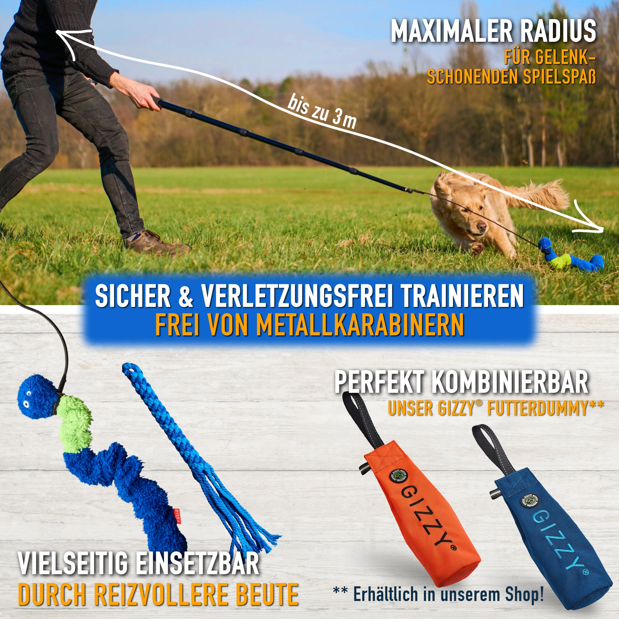 GIZZY® Reizangel Hunde XL – Profi Hundeangel & Trainingsangel für große & kleine Vierbeiner – Robuste Hundeangel als Hunde Beschäftigung & Hundetraining – Inkl. eBook – Hundespielzeug Reizangel