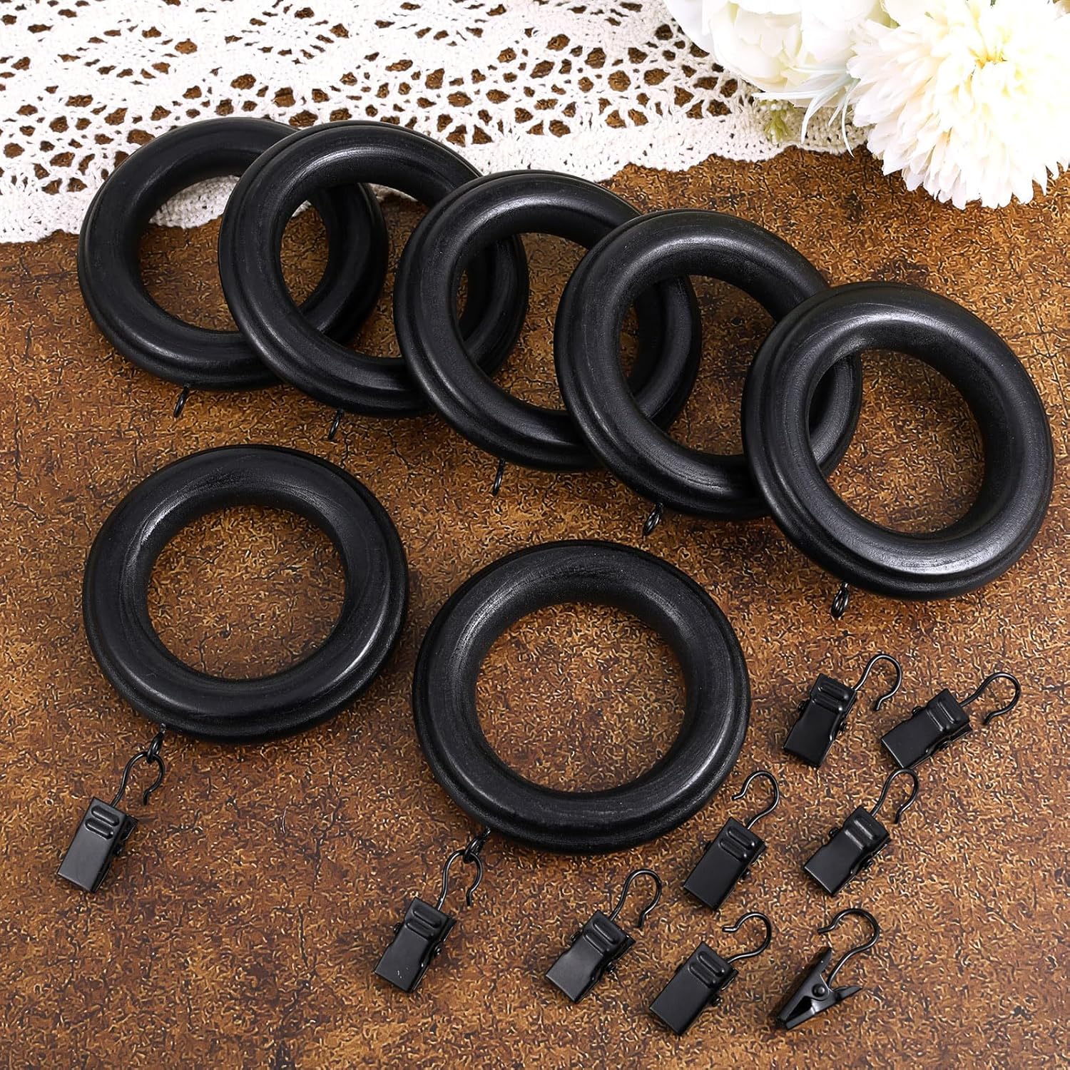 16 Pack Curtain Rod Rings Wooden with Drapery Clips 2.95 Inch Outer Diameter Beech Wood Carved Drapes Rings 1.7 Inch Interior Diameter for 1-1.2 Inch Curtain Rod Pole (Black)