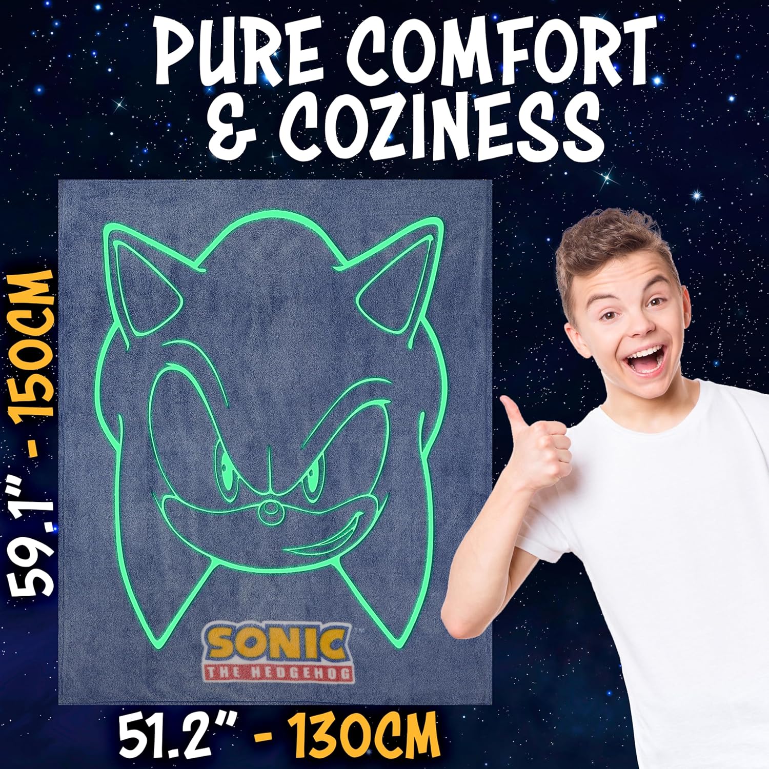 Sonic The Hedgehog Glow in The Dark Throw Blanket 51x59” for Kids, Soft Fleece Throw Blanket for Sofa Bed, Gamer Gifts for Kids (Blue Sonic)