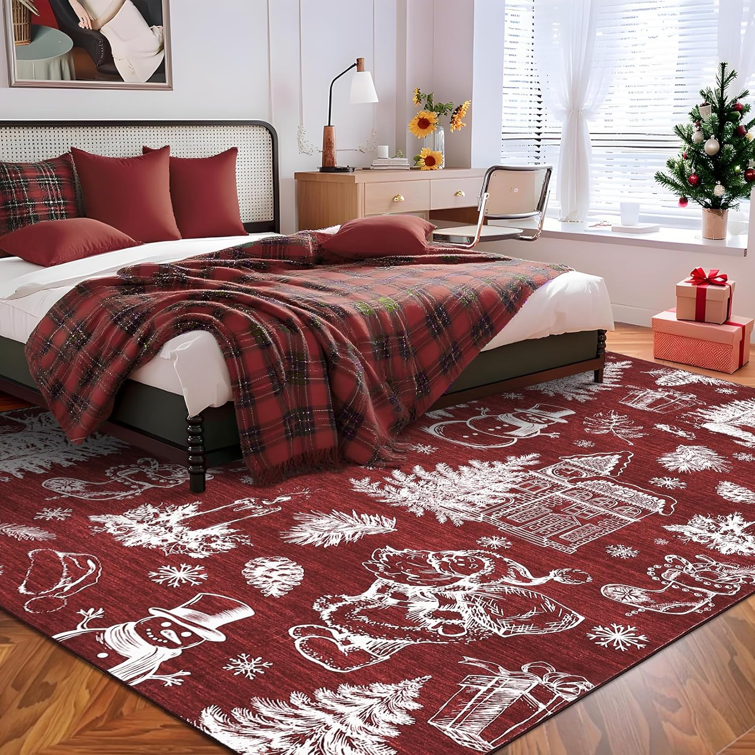 Garvee Christmas Washable Rugs 9x12 Area Rug for Bedroom Tree Santa Reindeer Rug Non Slip Throw Rugs Large Living Room Rug Low Pile Soft Stain Resistant Carpet for Nursery Dining Room Office 9'x12'
