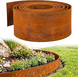 Bordură de grădină din oțel Corten Enhon 10 m, 1 mm, 15,5 cm înălțime, pentru straturi de flori și gazon, aspect ruginiu, flexibilă și tăiabilă la dimensiune, pentru alei pietruite