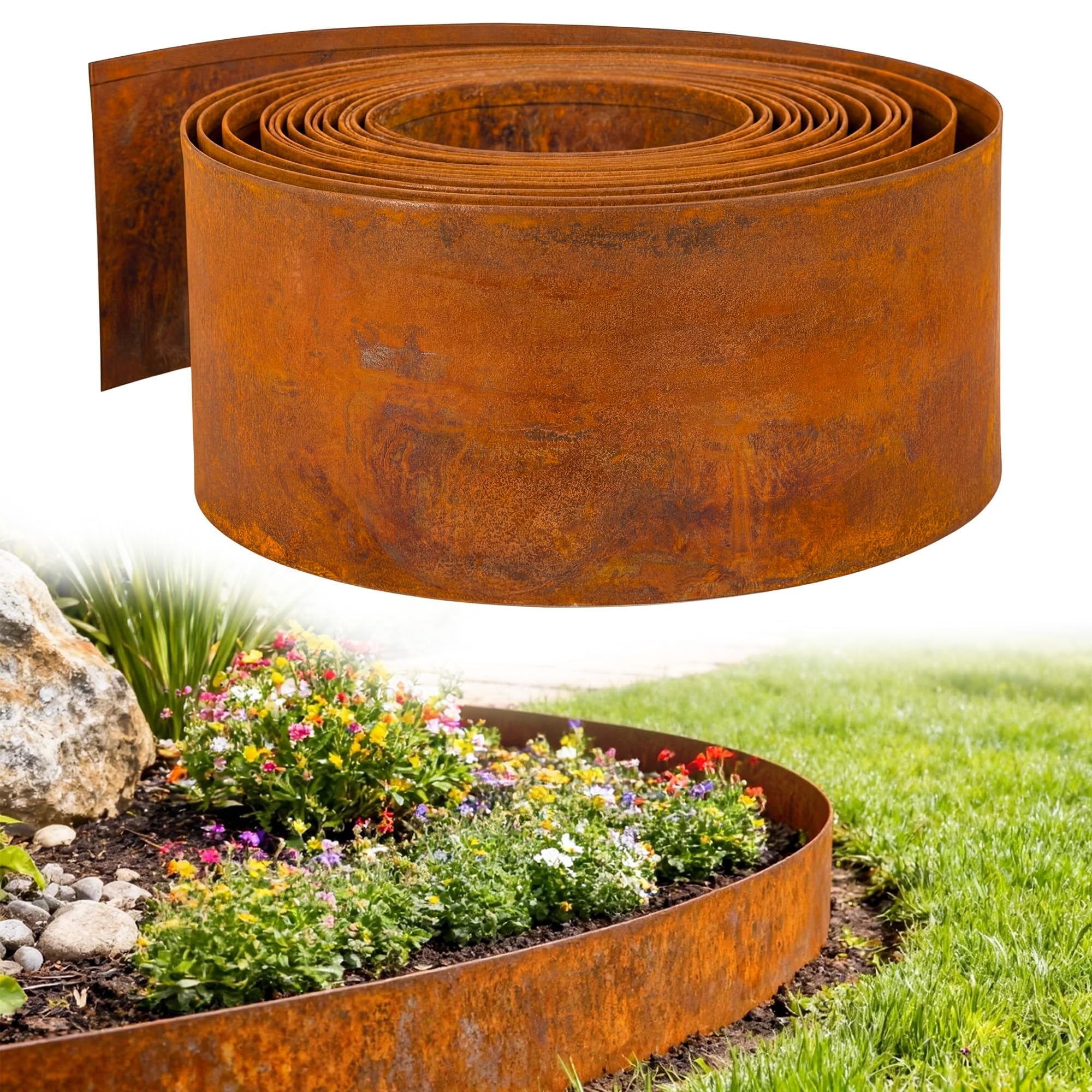 Enhon Borde de césped de Acero Corten, 10 m, Borde de Metal para parterres, 15,5 cm de Alto, Flexible y cortable; para diseño de Jardines, Bordes de césped, parterres, Caminos de Grava