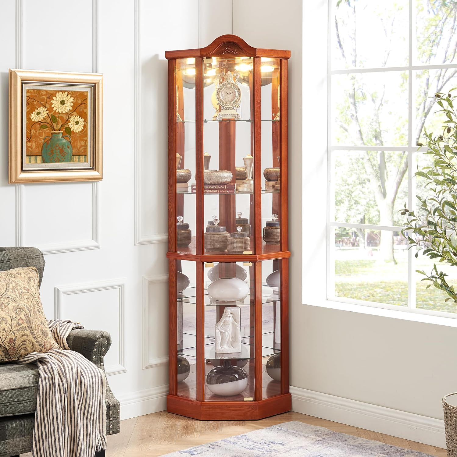 Generic Oak Corner Display Curio Cabinet, Glass Display with Light, Wine Cabinet with Adjustable Glass Shelves, Carved Decoration