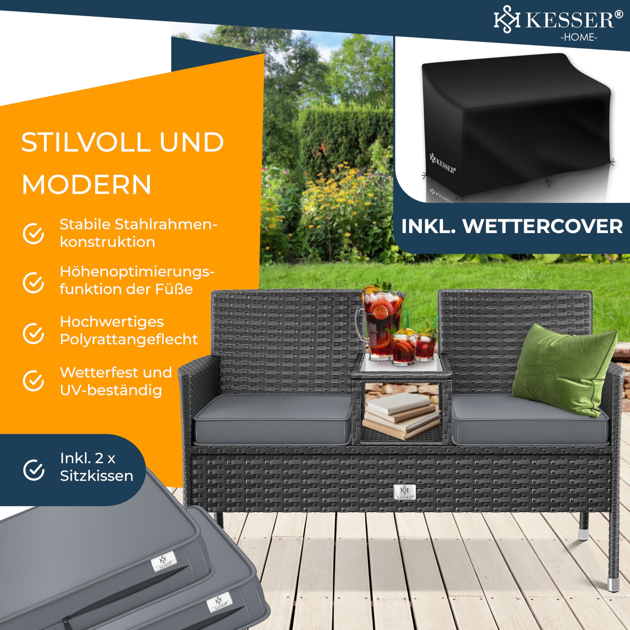 KESSER® Panca da giardino in polyrattan con tavolo integrato + cuscini, 2 posti, 133 × 55 × 84 cm, Panca in rattan, Giardino, Balcone, Divano da giardino - Resistente alle intemperie, Antracite