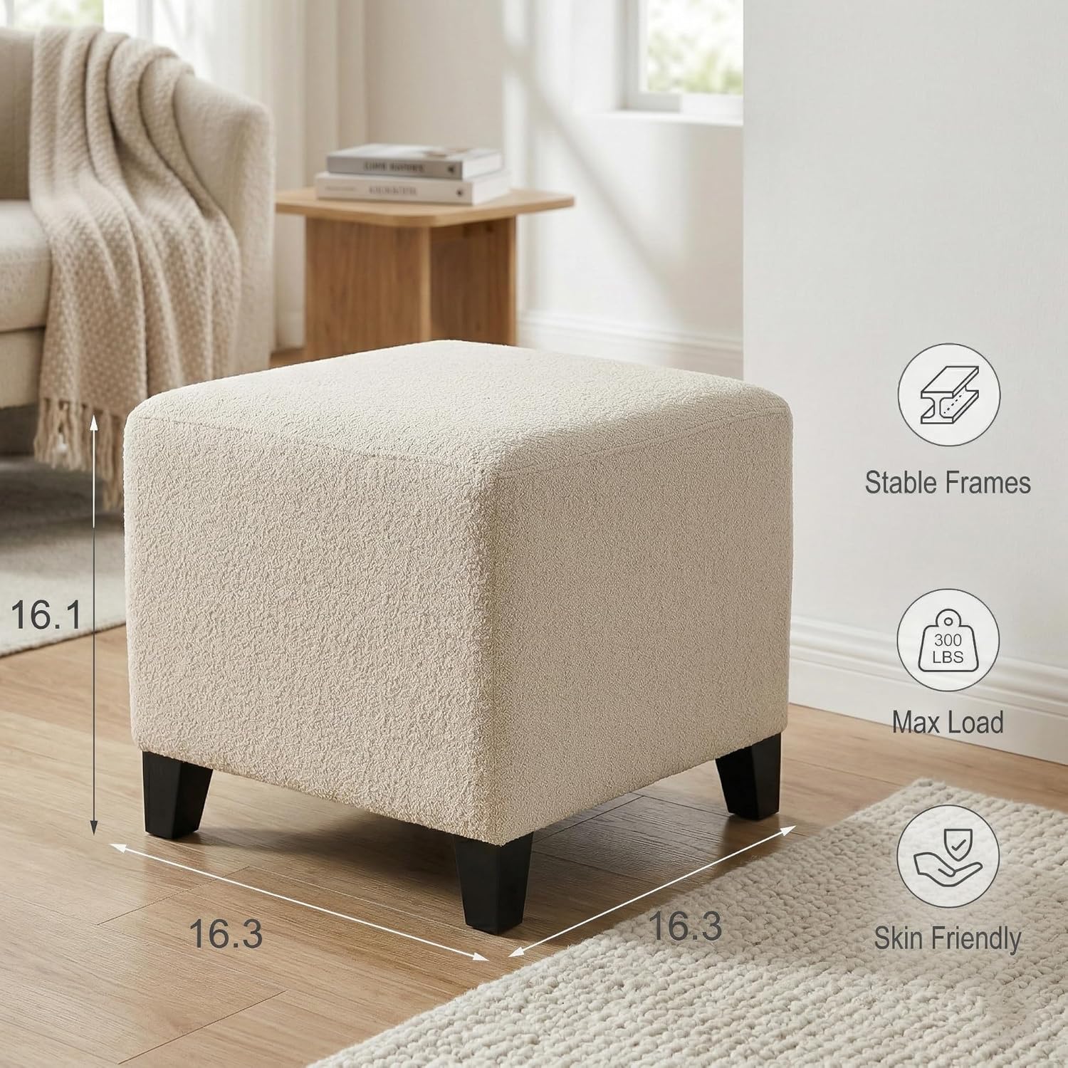 Joveco 16.3" Square Cube Ottoman, Modern Linen Fabric Foot Stool with Solid Wood Legs, Cream White Padded Footrest & Vanity Seat for Living Room, Bedroom, Entryway Shoe Bench