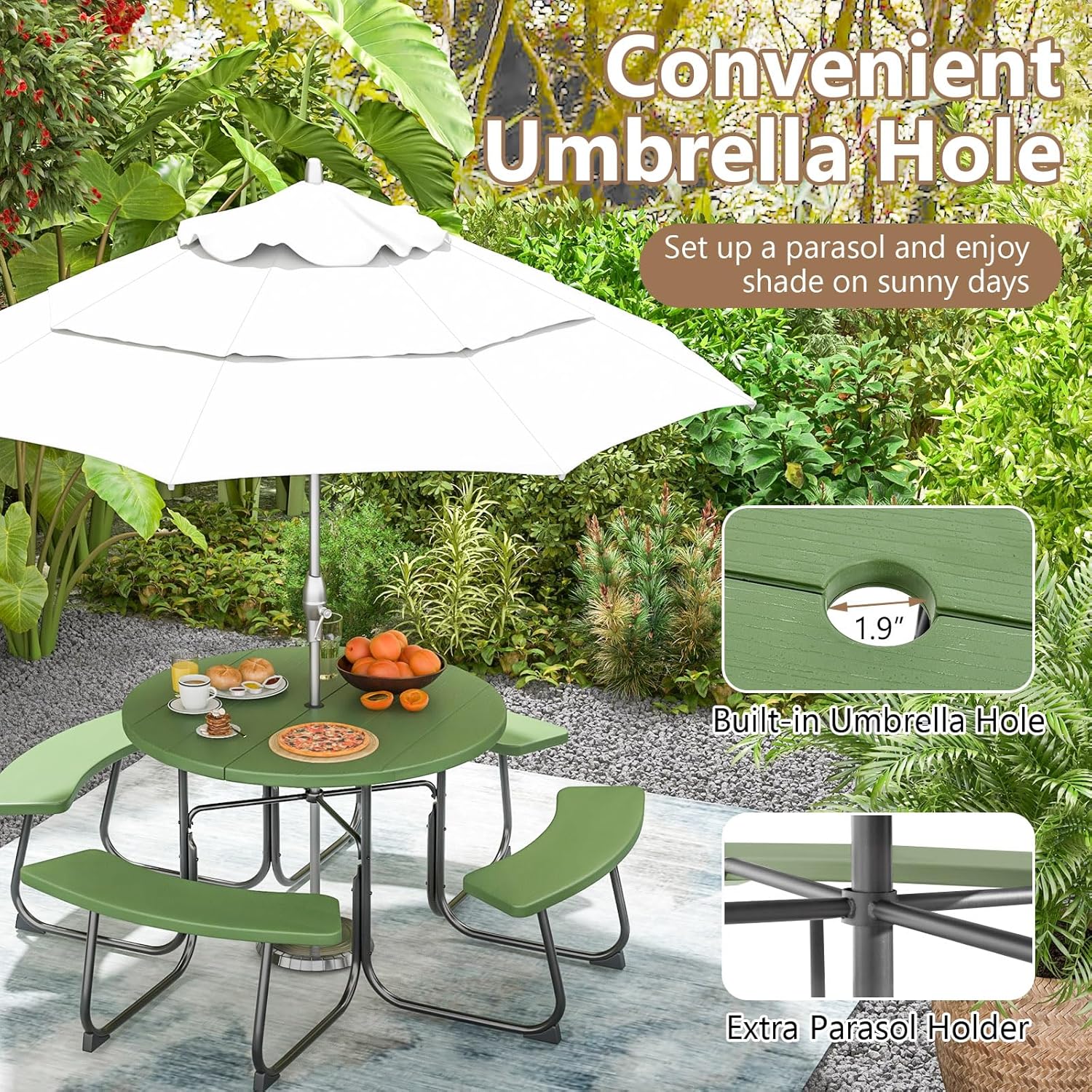 Moccha Picnic Table Bench Set - Outdoor Table and Chairs with Umbrella Hole, HDPE Tabletop & Metal Frame, Dining Table Set, Outdoor Camping Table for Garden Backyard Porch Patio Table Set (Green)