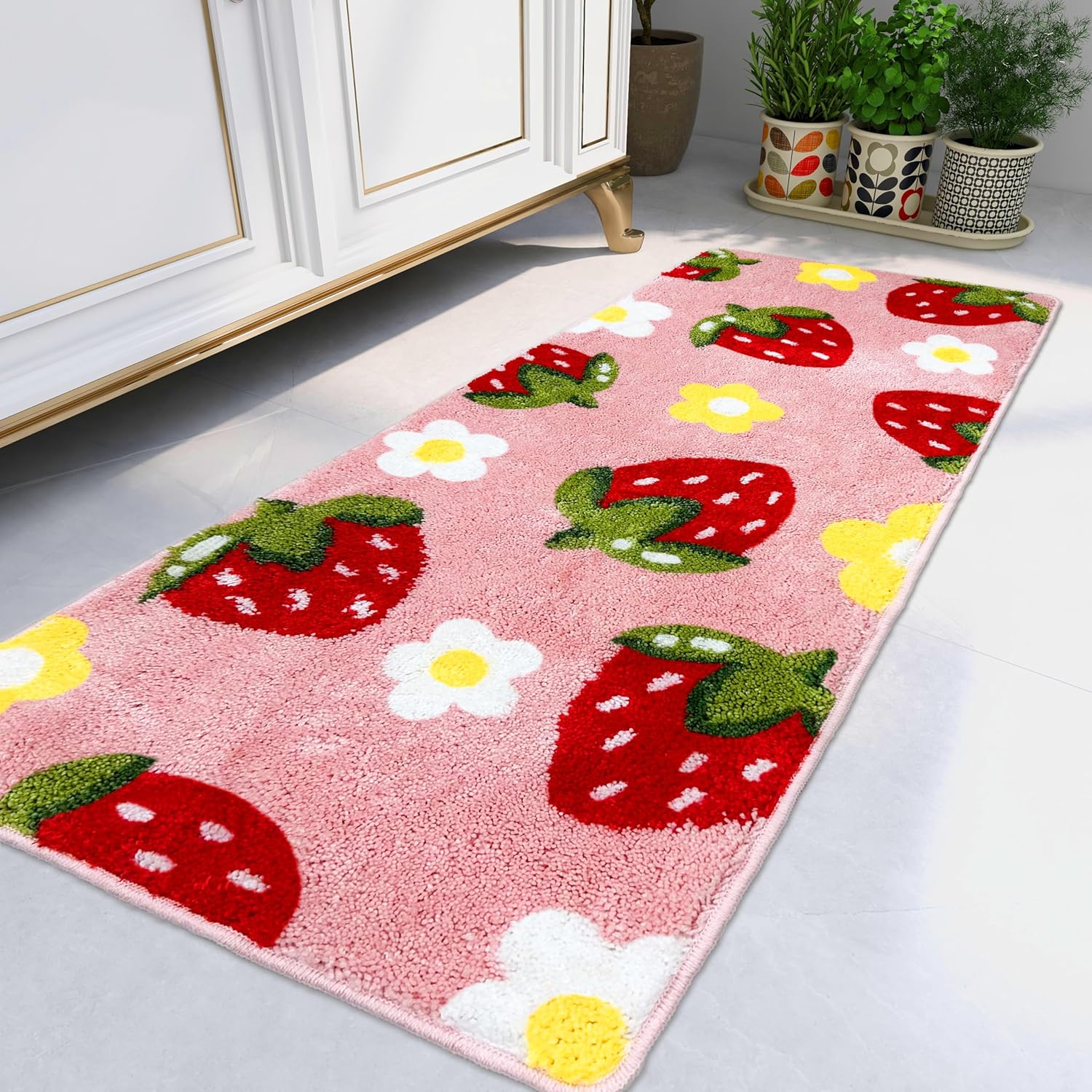 Bathroom Runner Rug, Cute Bedroom Decor, Pink Strawberry Bath Mat, Flower Long Absorbent Microfiber Runner for Bathtub 20"x47"