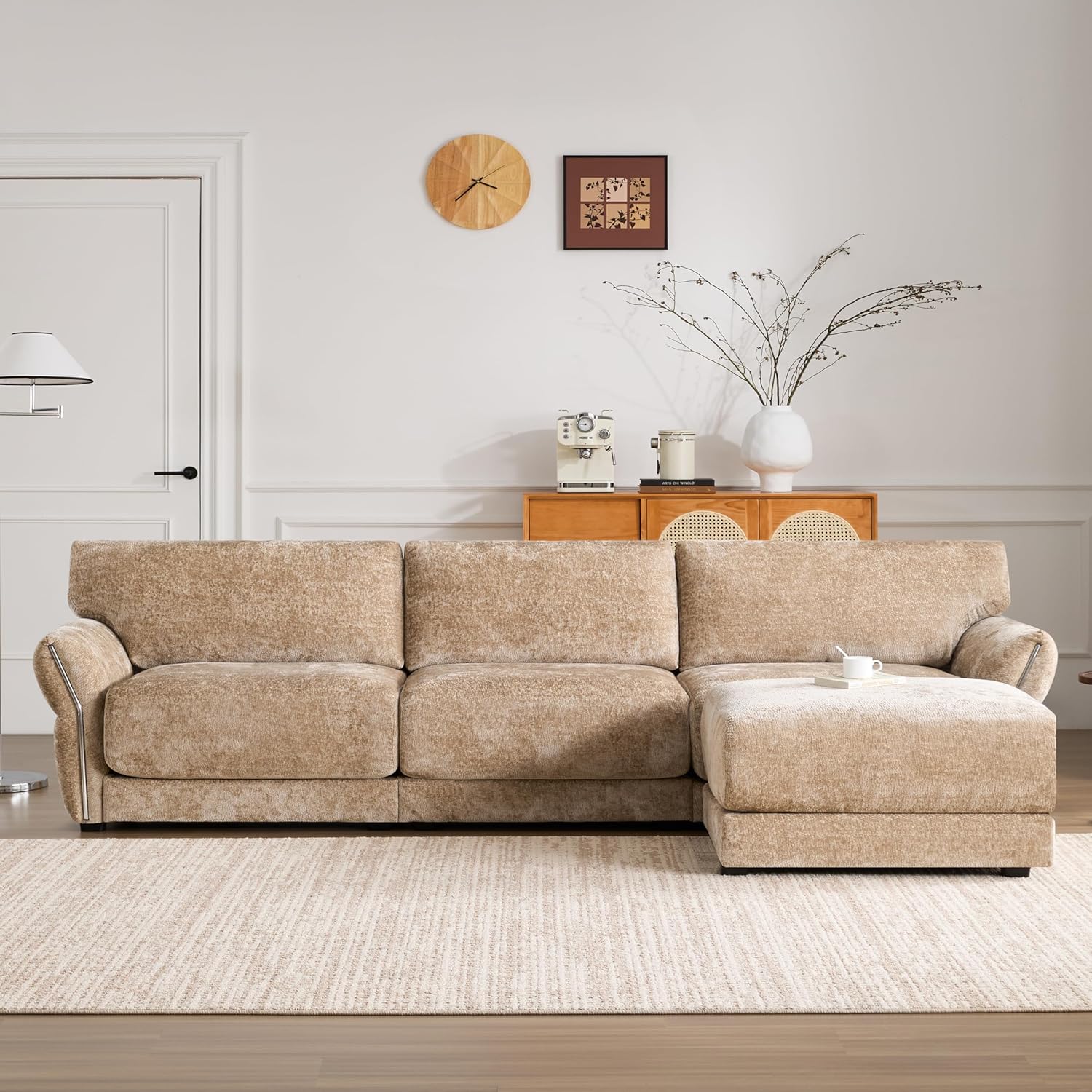 110" Modular Sectional Sofa, L-Shape with Extra-Wide Seat Cushion, USB and Type-C Charger, Petal Armrest Design, High Density Foam, Free Movement Ottoman, Wood Frame, Chenille, 4 Seat, 3 Colors