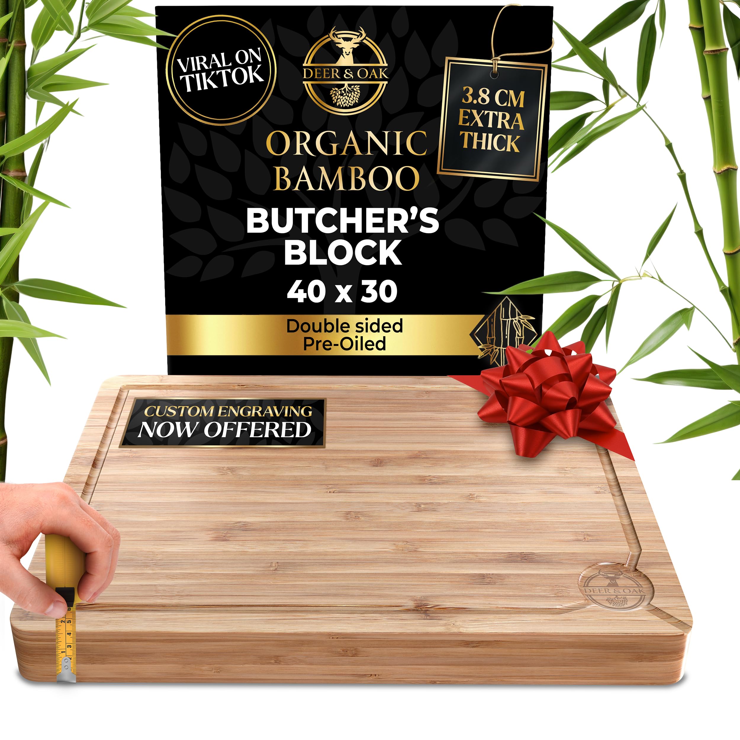 Deer & Oak Extra Large Chopping Board - 40 x 30 x 3.8cm Extra Thick Wooden Bamboo Meat Chopping Board, Butchers Block, Chopping Block for Kitchen, Heavy Duty