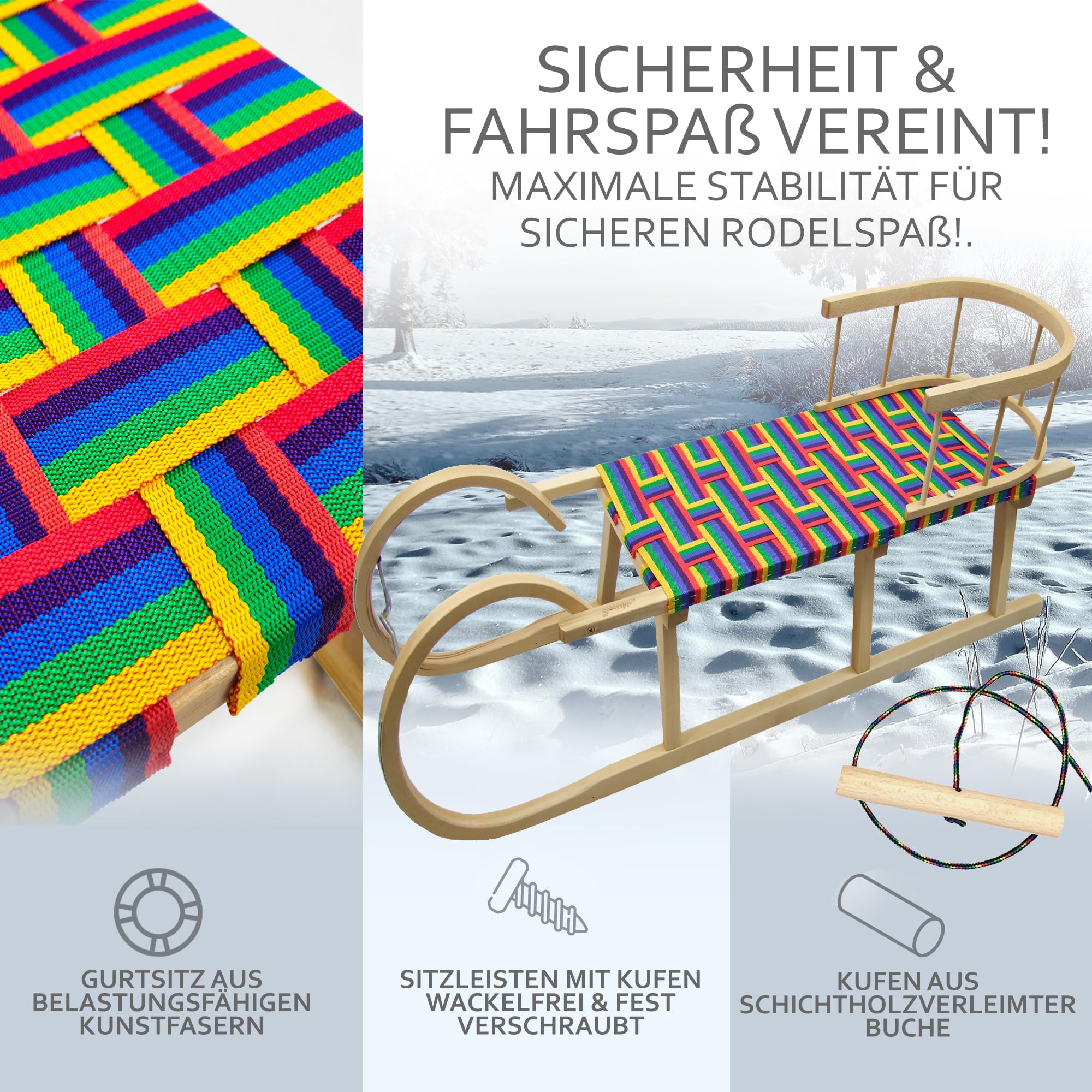 BAMBINIWELT Hörnerrodel 120 cm Regenbogendesign - Holzschlitten aus massivem Buchenholz - Hörnerschlitten mit Rückenlehne, Buntem Gurtsitz, Zugseil & Stahlkufen