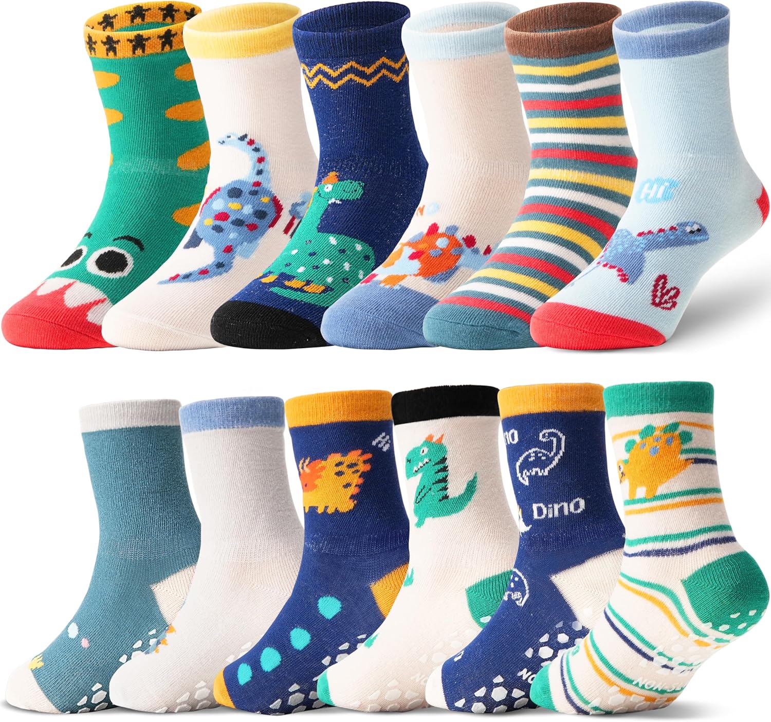 ANTSANG 12 Pairs Baby Girls Boys Toddlers Kids Grips Socks Crew Cotton Non-Slip/Anti-Skid Grips Socks