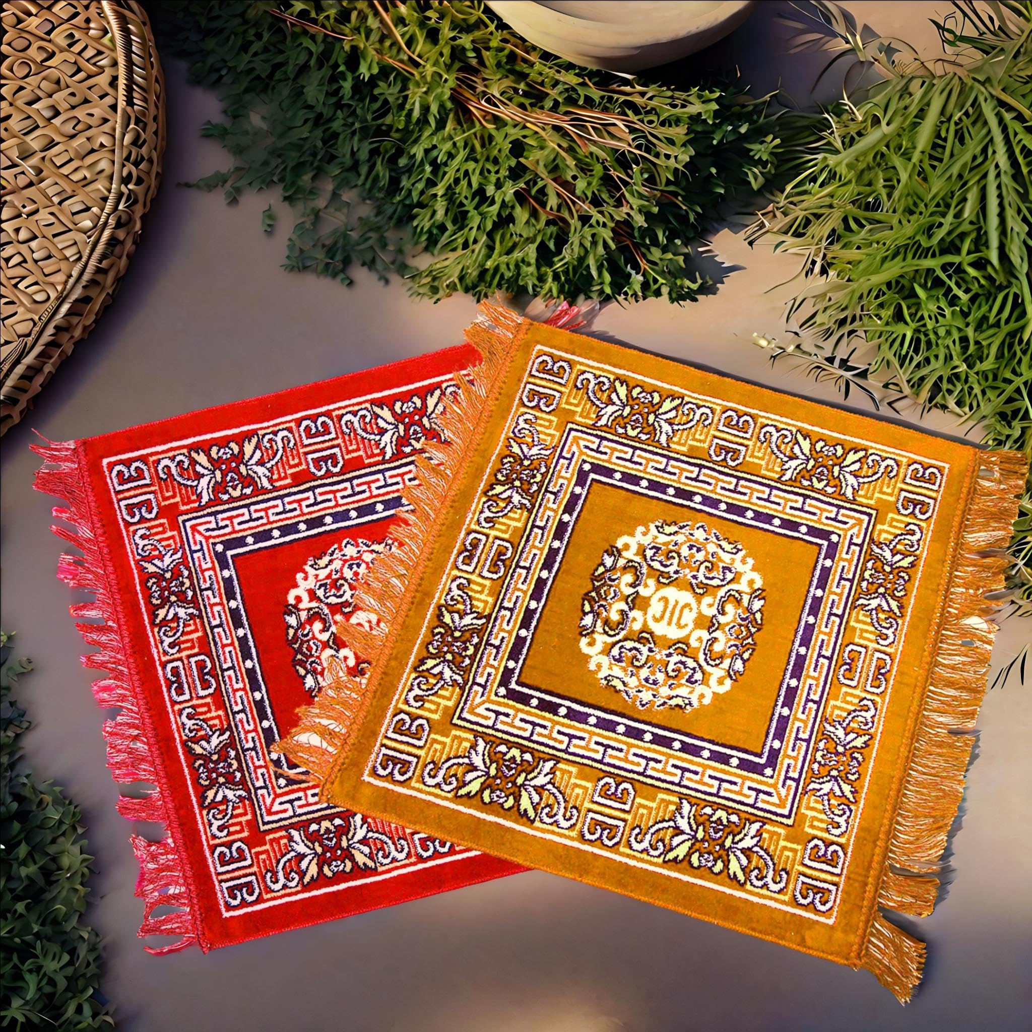 Weavers Villa Set of Prayer Mat/Aasan/Puja Mat/Meditation Mat/Multipurpose Velvet Rug Mats [Size: 2ft X 2ft] (Pack of 2)-image-10