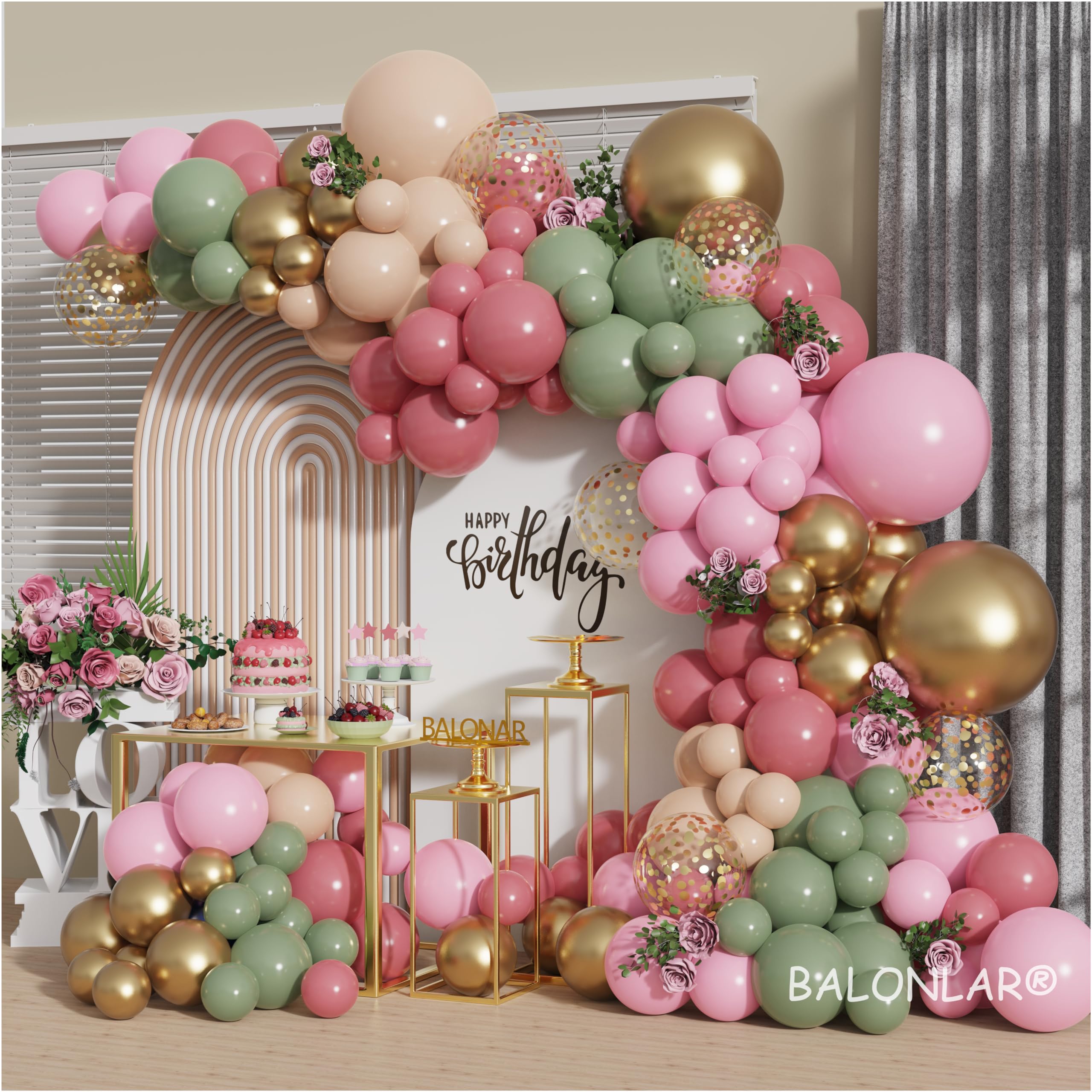 Sage Green Retro Pink Gold Balloons Garland Arch Kit 142PCS Nude Peatel Pink Confetti Balloons for Safari Jungle Green Boho Baby Shower Bridal Shower