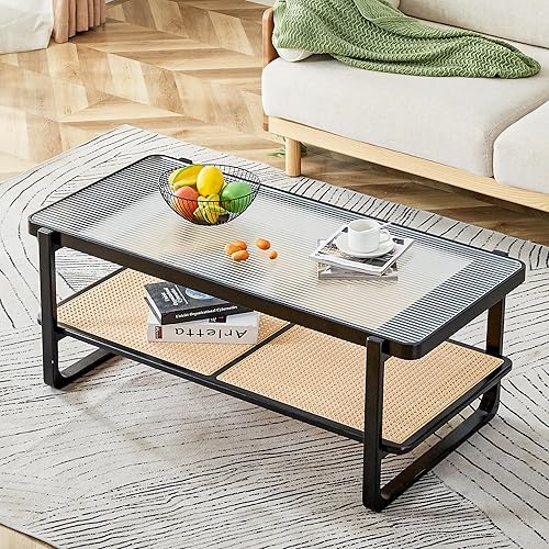 Mesa de centro rectangular moderna de ratán de vidrio, mesa de té de doble capa, mesa auxiliar de madera maciza, mesa rectangular pequeña para sala