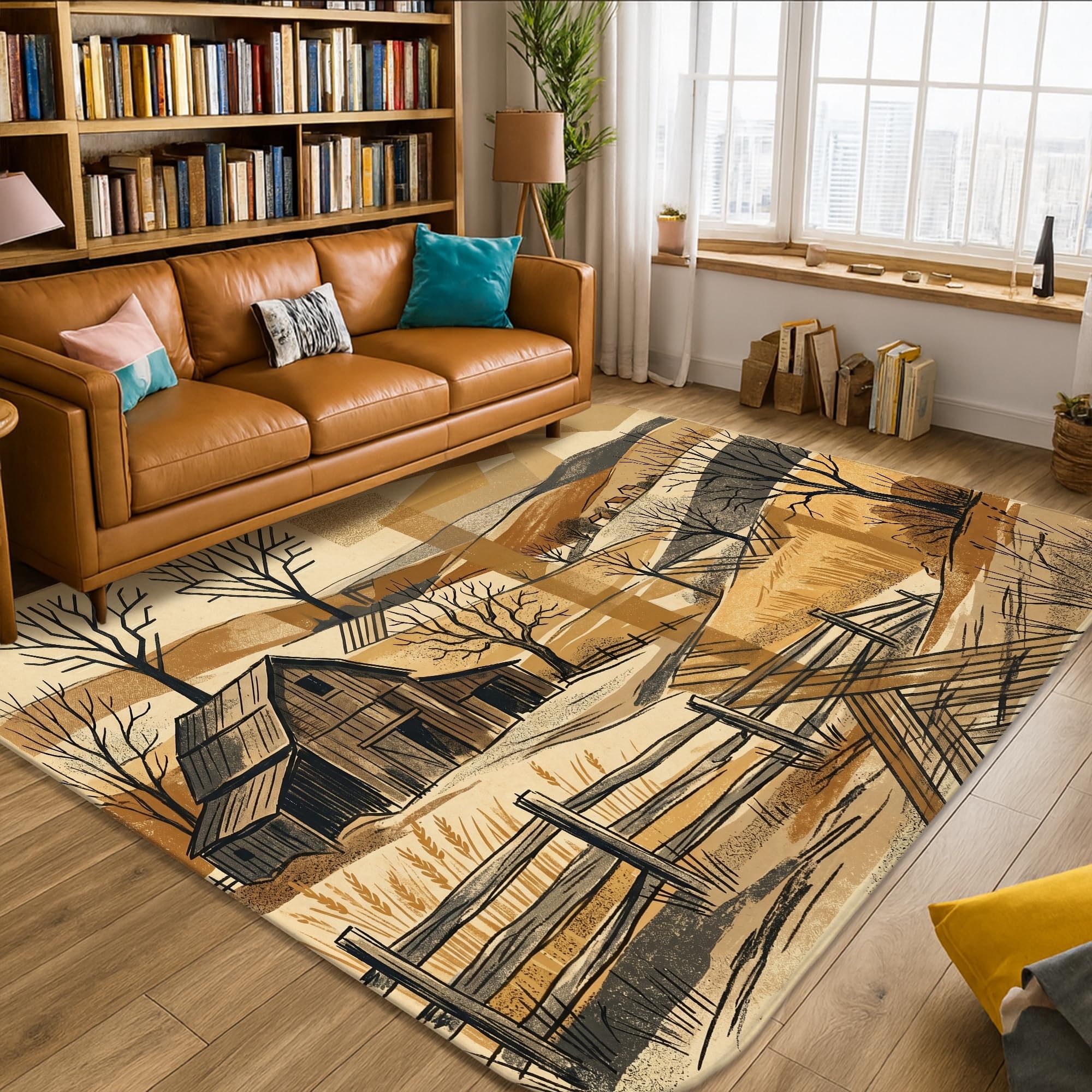 Alfombra para evitar resbalones en el dormitorio con diseño rústico de paisaje beige