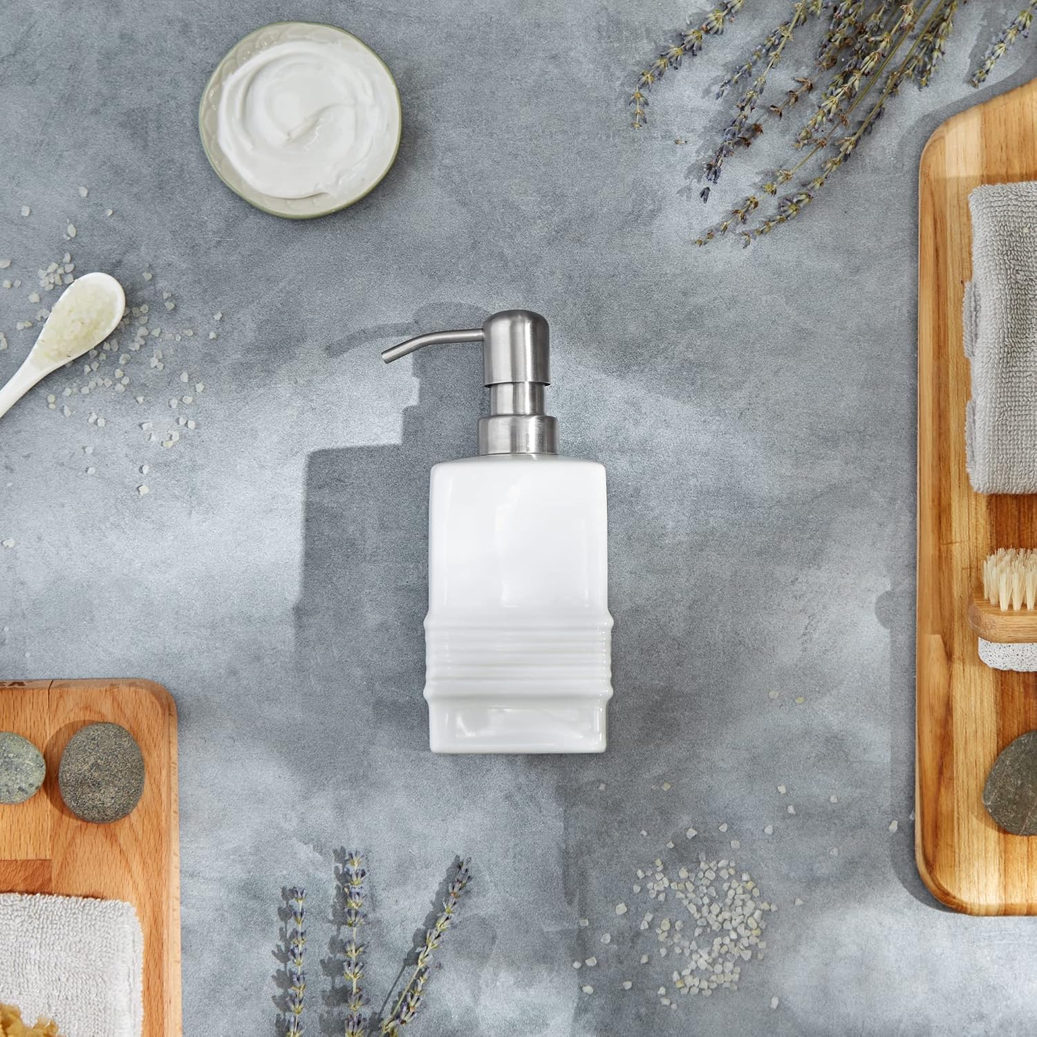 RSVP International Stoneware Soap Dispenser Collection Decorative Countertop for Kitchen or Bath, Stainless Steel Pump Top, 4.75x3.5x1.25, White