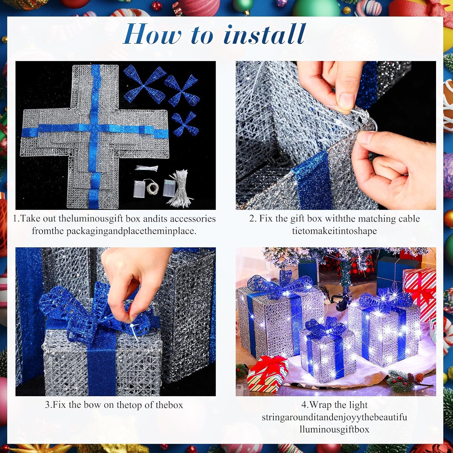 VIHOSE Set of 3 Christmas Lighted Gift Boxes Decoration,9.8/7.9/5.9 Inch Large Gift Boxes Outdoor Light up with Ribbon Bows 66ft 200 LED String Light for Christmas Tree Indoor Decor(Silver)