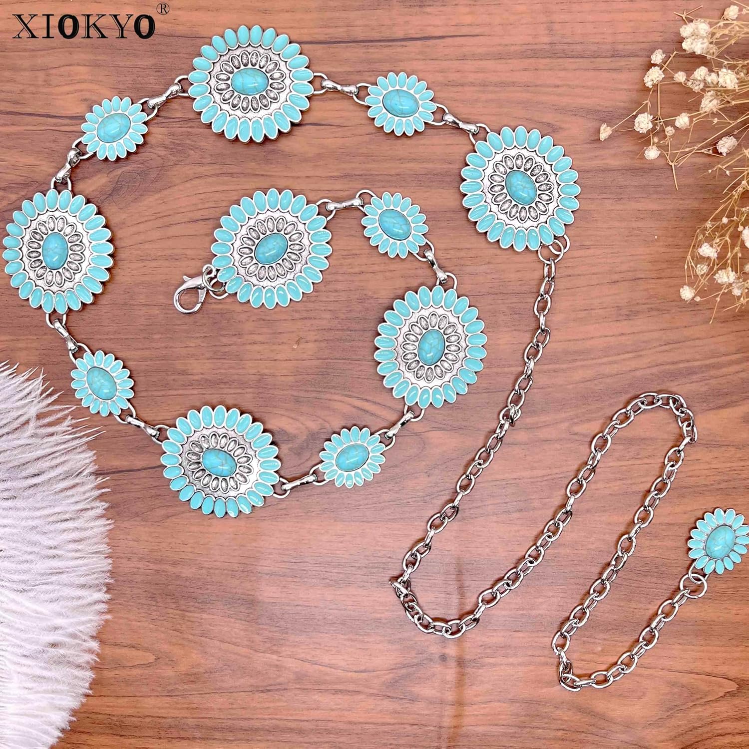 Turquoise Belt Western Chain Belt Cowgirl Country Silver Metal Concho Belts Women Jeans Dresses - Image 6