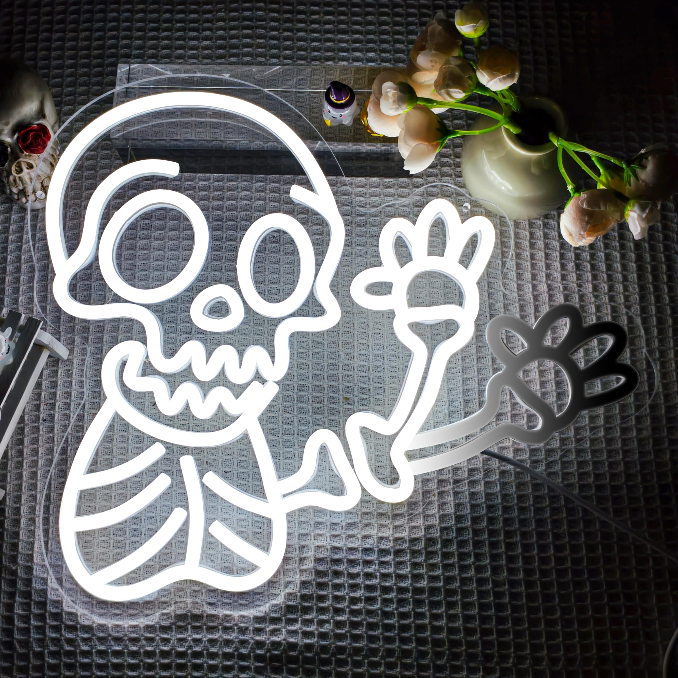 Winkendes Skelett-Neonschild für Wanddekoration, dimmbar, blinkend, Halloween-Neonschilder, Halloween-Neonlichter, Geisterschädel, LED-Wanddekoration