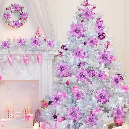 Vista 47 de 24 piezas de adorno de árbol de Navidad de Nochebuena con brillantina. Adorno de decoración de flores de Navidad. 3, 4 y 6 pulgadas / 7.62, 10.16