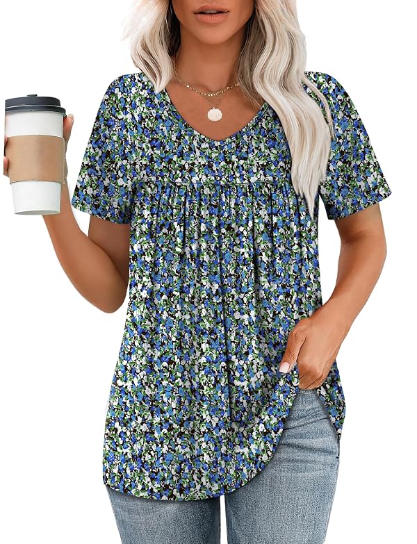 Womens Tops Trendy Shirts for Women Dressy Casual Hawaiian Summer Outfits V Neck Short Sleeve Boho Tops Pleated Floral Blouses Oversized Tshirts Beach Vacation Clothes Resort Wear 2026 L by WEESO - Used condition - Image 5