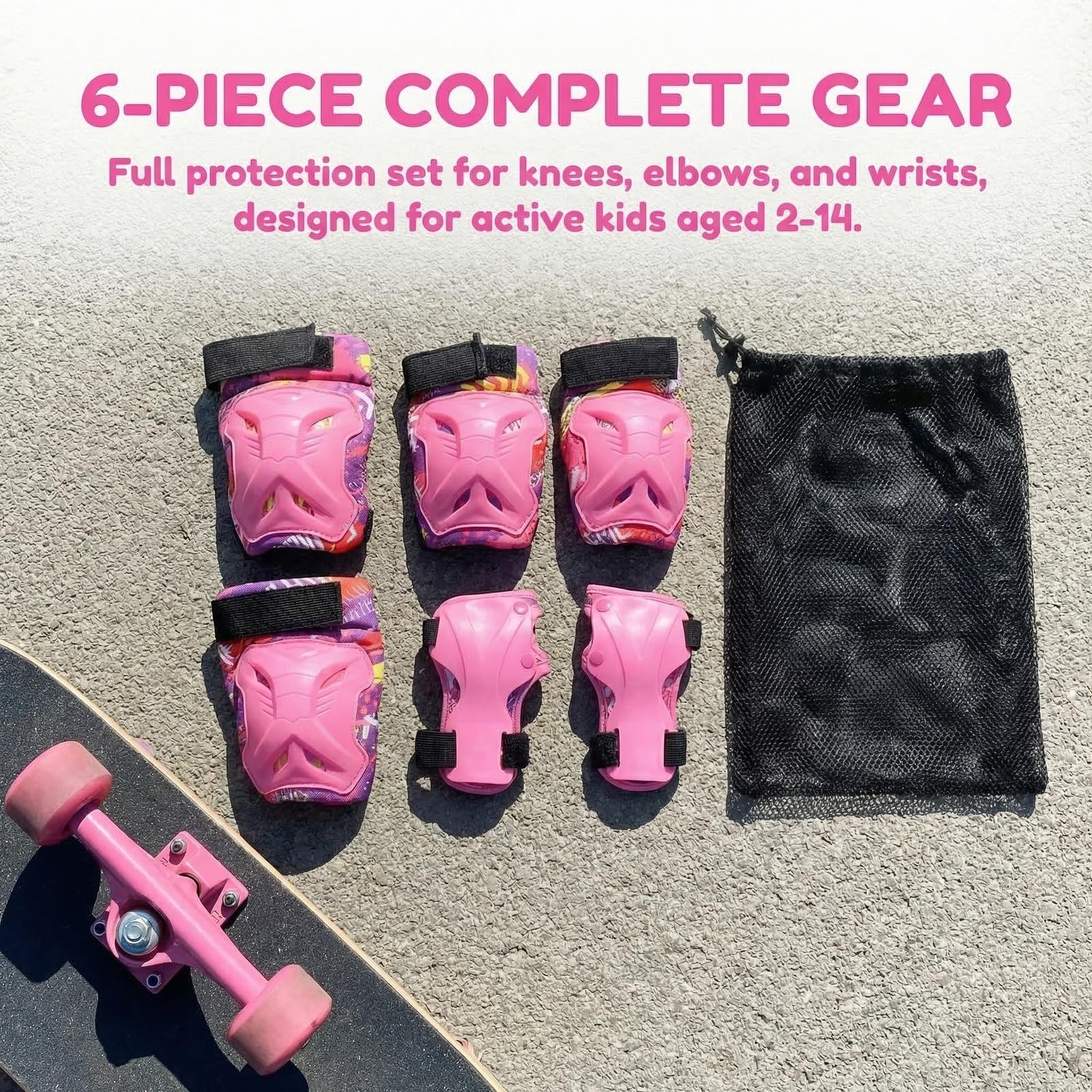 Ginocchiere per Bambini 2-14 Anni,6 In 1protezione Kit per Bambini Sicurezza Set Bambino Ginocchiere, Gomitiere e Polsiere Regolabili per Skateboard Bicicletta Pattinaggio Scooter e Rollerblade
